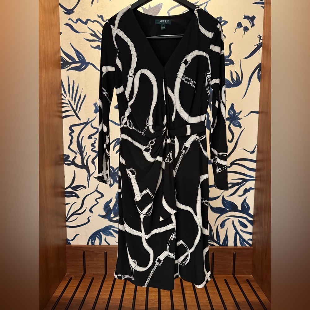 Ralph Lauren Equestrian Horsebit Chain Print Faux Wrap Dress 4